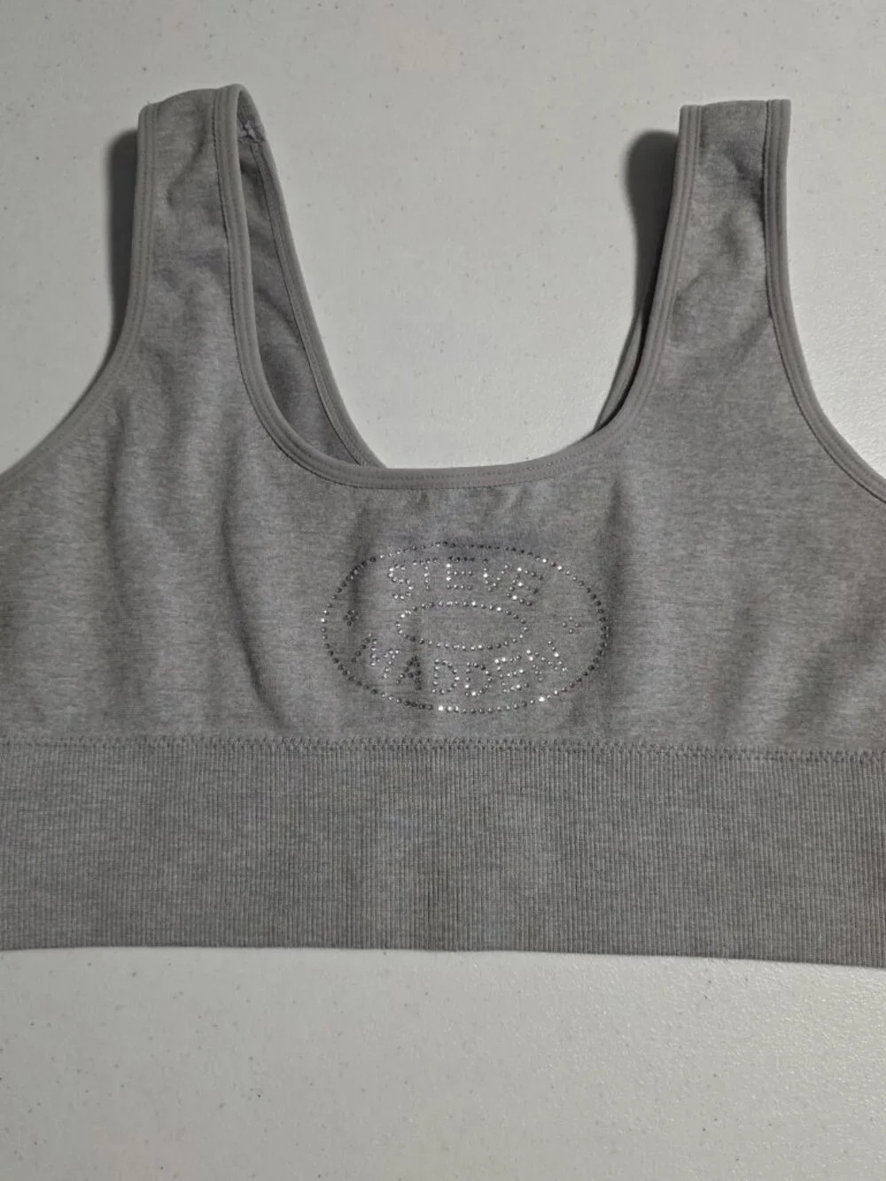 Steve Madden Sports Bra Rhinestone‎ Logo Gray Ribbed No Padding Size Large